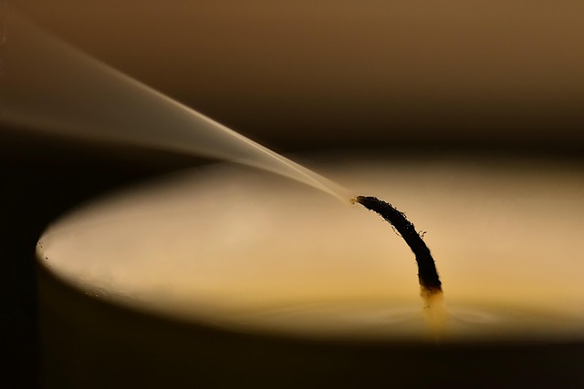 Hand-poured soy wax candle in a beautiful amber glass jar with dried botanicals and warm glow in cosy setting